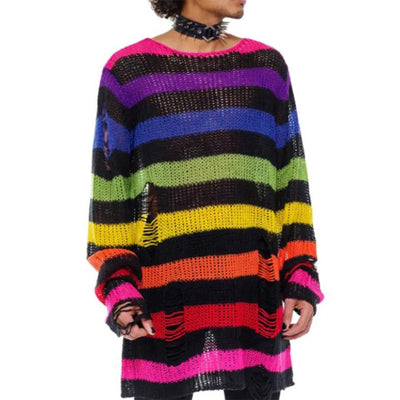Goth Punk Gothic Sweater Oversized Pullovers Women Striped Cool Hollow Out Hole Broken Jumper Harajuku Aesthetics Sweater