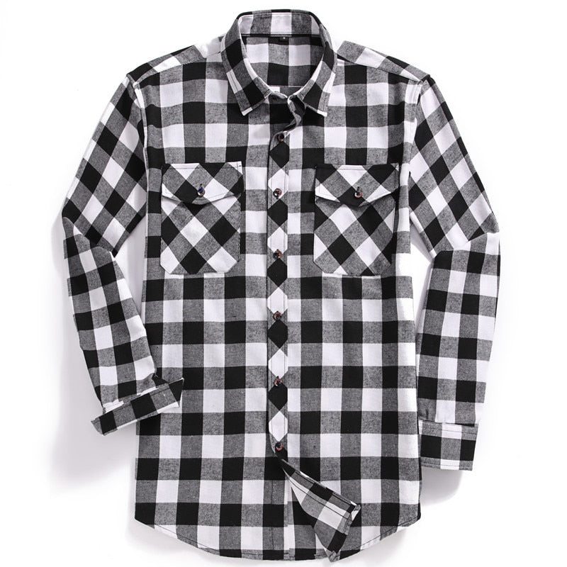 2022 New Men Casual Plaid Flannel Shirt Long-Sleeved Chest Two Pocket Design Fashion Printed-Button (USA SIZE S M L XL 2XL) 