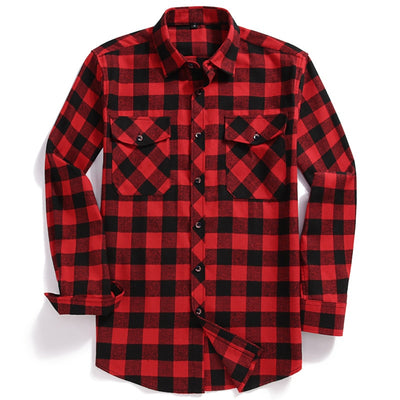 New Men Casual Plaid Flannel Shirt Long-Sleeved Chest Two Pocket Design Fashion Printed-Button (USA SIZE S M L XL 2XL)