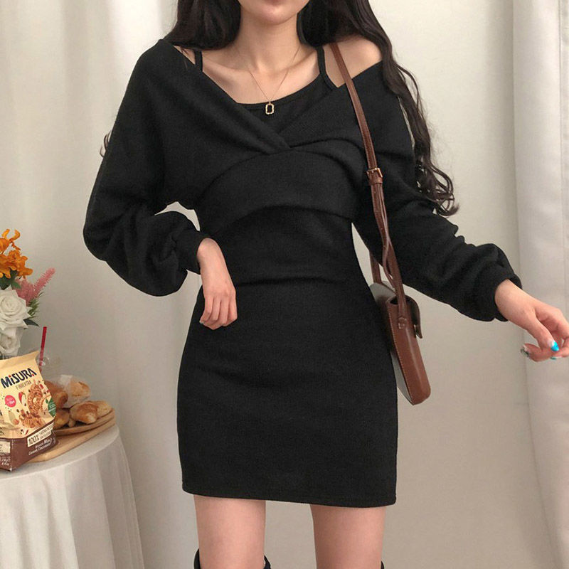 Sexy Solid Knitted Mini Dress Women Two Piece Set Skinny Dresses and Long Sleeve Knitted Cardigan Harajuku Dress Vestidos