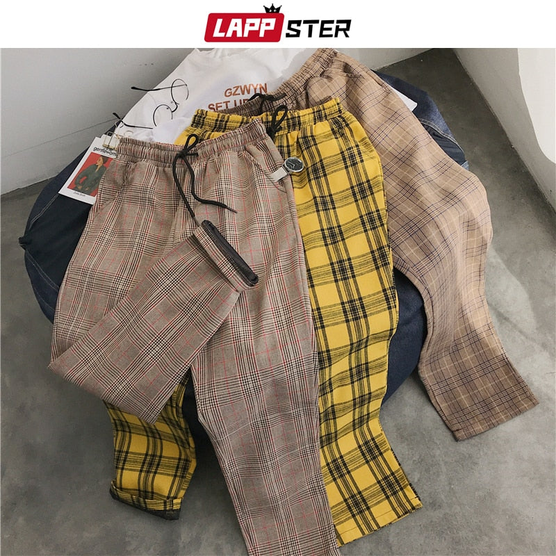 LAPPSTER Mens Black Harajuku Plaid Pants 2023 Men Japanese Streetwear Baggy Sweatpants Male 5 Colors Vintage Casual Trousers
