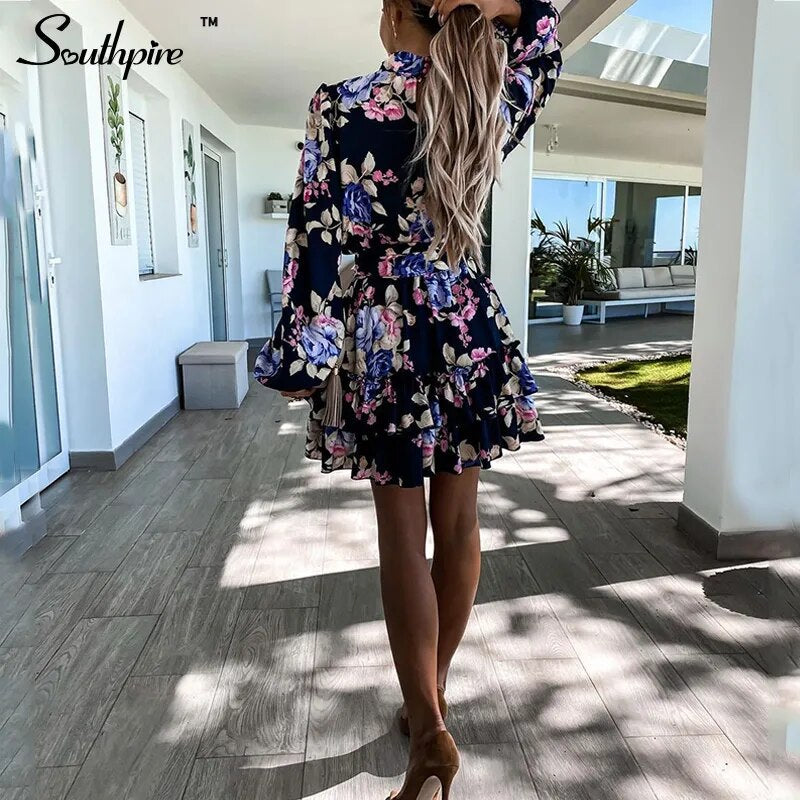 Southpire Women's Navy Floral Print Loose Style Mini Dresses Long Sleeve High Neck Party Vestidos Casual Ladies Sundress