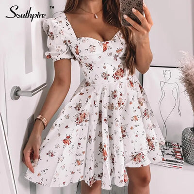 Southpire Bohe Flower Print White Dresses Women's Short Puff Sleeve Zipper Mini Sundress Elegant Dress Ladies Clothing