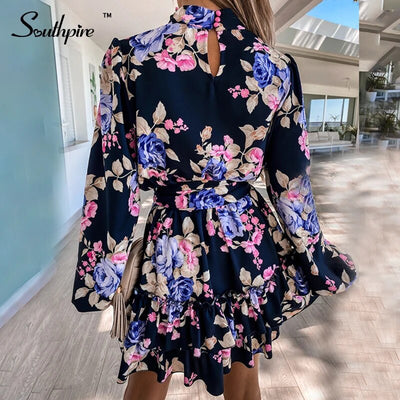 Southpire Women's Navy Floral Print Loose Style Mini Dresses Long Sleeve High Neck Party Vestidos Casual Ladies Sundress