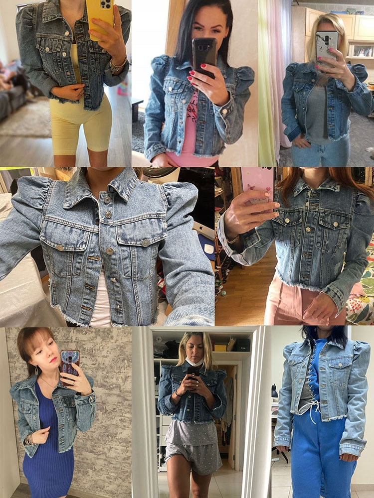 Blue Cropped Denim Jackets Women 2023 Puff Sleeve With Button Pockets Vintage Coat Autumn Winter Streetwear Ripped Jean Outwear 
