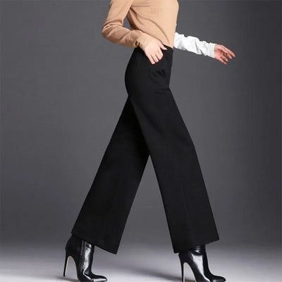 Women Autumn Winter Woolen Oversize Pants Elastic Band High Waist Solid Vintage Loose Casual Fashion Female Straight Trousers