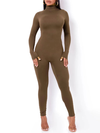 Hugcitar Long Sleeve Solid Turtleneck Skinny Bodycon Jumpsuit Autumn Winter Women Fashion Streetwear Casual Romper