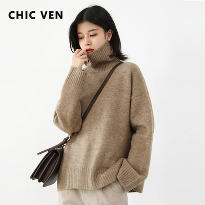CHIC VEN Korean Women's Sweater Loose Turtleneck Sweaters Warm Solid Pullover Knitwear Basic Female Tops Autumn Winter 2022