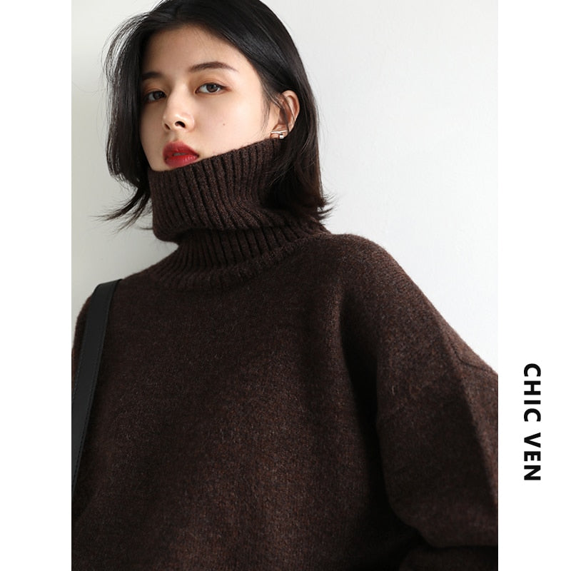 CHIC VEN Korean Women's Sweater Loose Turtleneck Sweaters Warm Solid Pullover Knitwear Basic Female Tops Autumn Winter 2022 