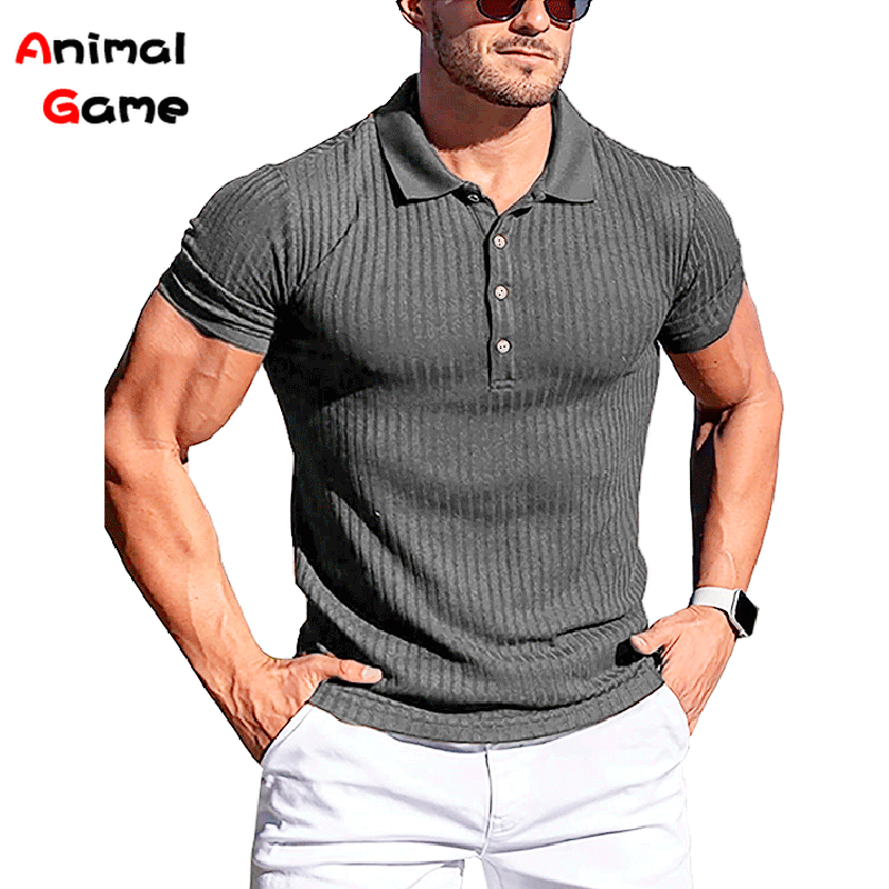 Summer Solid Color Turn-Down Collar Men's Button Oversized T-shirt Short Sleeved Stripe Fitness Yoga Top 