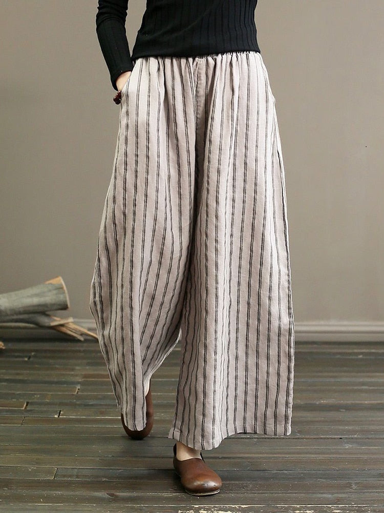 Vintage Striped Wide Trousers for Women 2023 Autumn High Waist Straight Capri Pants with Print 4XL Cotton Linen Slim Home Pants 