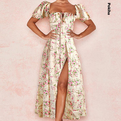 Sexy Floral Print Maxi Dress Women Elegant Square Neck Puff Sleeve High Split Long Dress Summer Casual Outfit Party Chic Vestido 