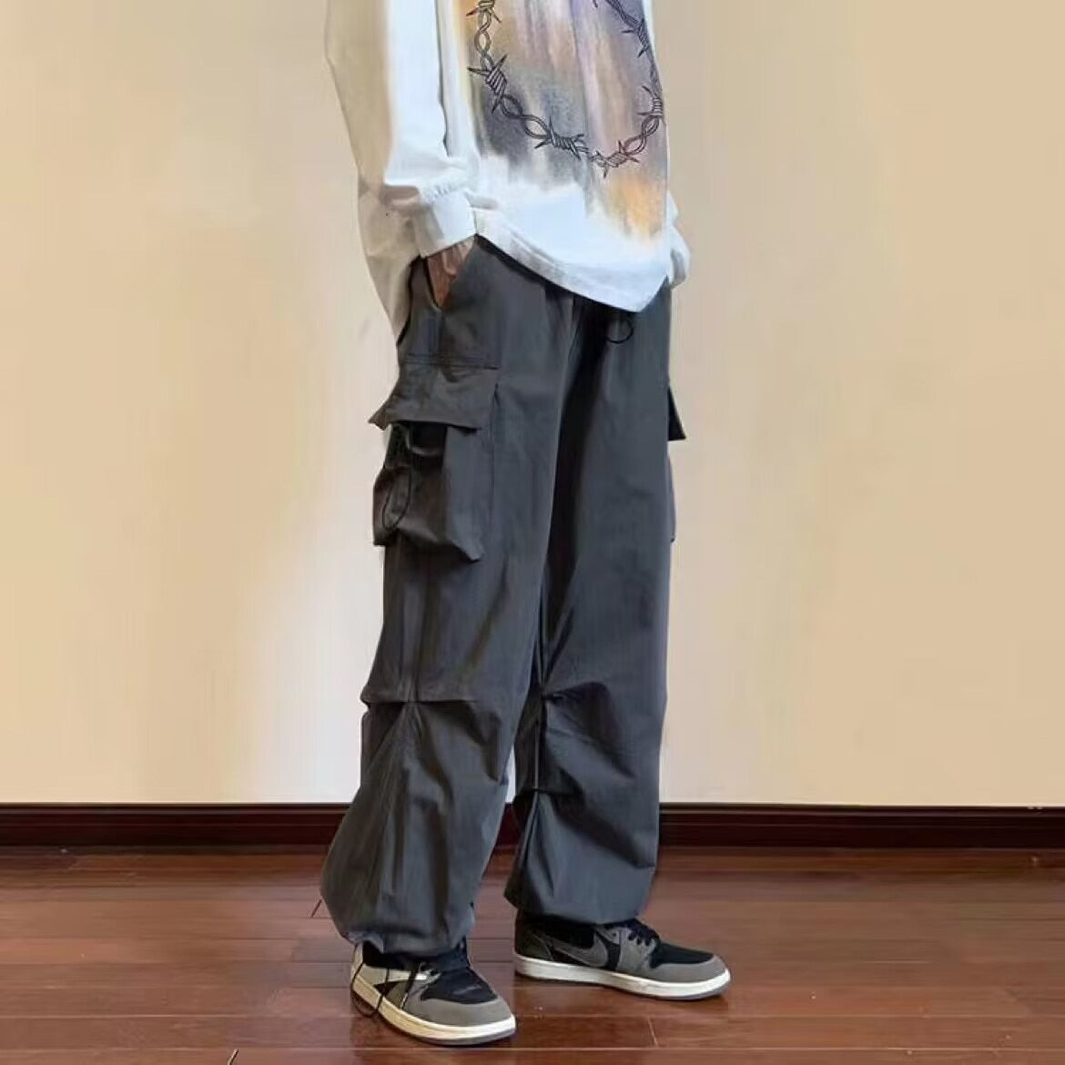 Men Solid Cargo Pants 2023 Harajuku Hip Hop Elastic Waist Loose Trousers Streetwear Male Casual Pockets Drawstring Baggy Pants 