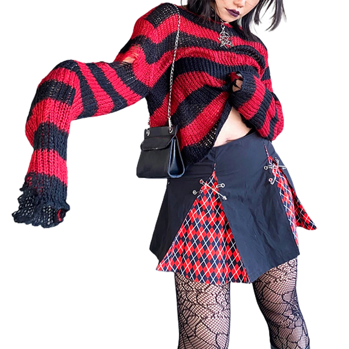 Goth Punk Gothic Sweater Oversized Pullovers Women Striped Cool Hollow Out Hole Broken Jumper Harajuku Aesthetics Sweater