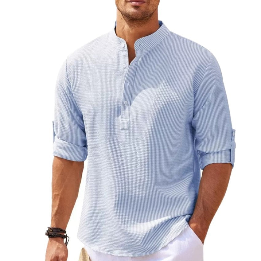Cotton Linen Hot Sale Men's Long-Sleeved Shirts Spring Autumn Solid Color Stand-Up Collar Casual Beach Style Plus Size S-5XL