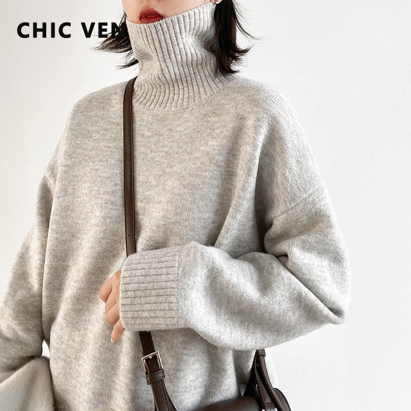 CHIC VEN Korean Women's Sweater Loose Turtleneck Sweaters Warm Solid Pullover Knitwear Basic Female Tops Autumn Winter 2022 