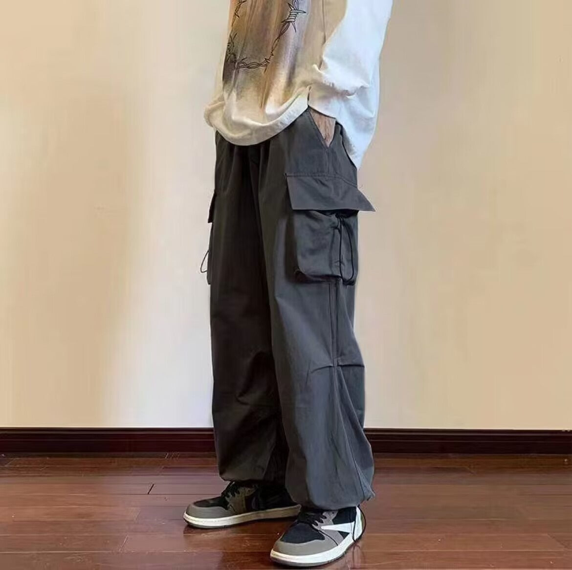 Men Solid Cargo Pants 2023 Harajuku Hip Hop Elastic Waist Loose Trousers Streetwear Male Casual Pockets Drawstring Baggy Pants 