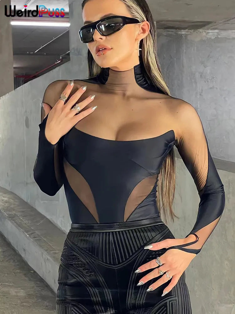 Weird Puss Sexy Wild Women Bodysuit Long Sleeve See Through Skinny Mesh Patchwork Vacation Party Club Streetwear Bodycon Tops