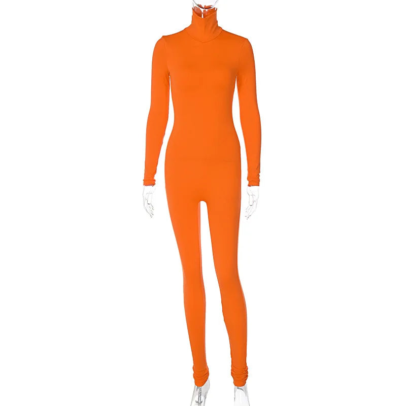 Hugcitar Long Sleeve Solid Turtleneck Skinny Bodycon Jumpsuit Autumn Winter Women Fashion Streetwear Casual Romper