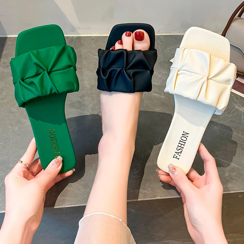 Summer Slippers For Women Flip Flops Flats 2023 New Pleated Korean Slippers Women Sandals Green Slip On Shoes Big Size 35-42 