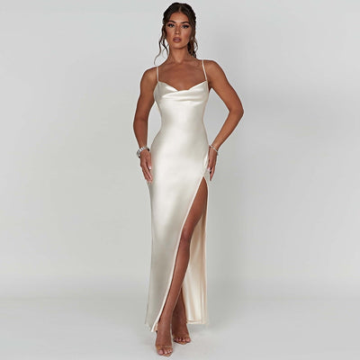 Summer 2023 New Temperament Elegant Sexy Slim Pocket Collar Backless Slit Dress Sexy Evening Wedding Party Club Dress Vestidos 