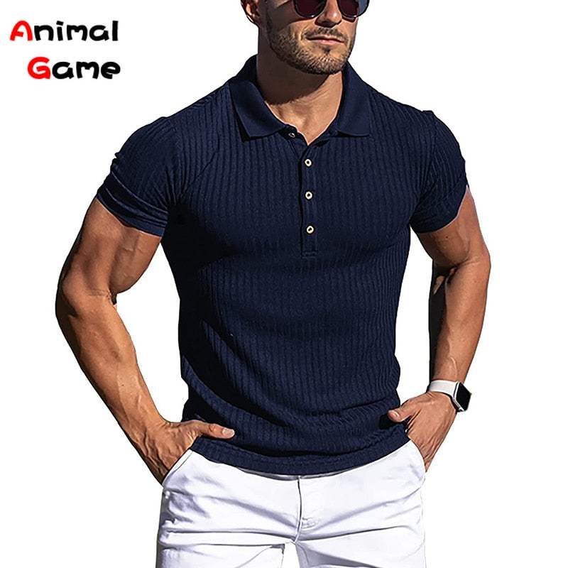 Summer Solid Color Turn-Down Collar Men's Button Oversized T-shirt Short Sleeved Stripe Fitness Yoga Top 