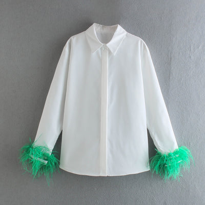 Green Feathers on the Cuffs Womens Blouses Long Sleeves 