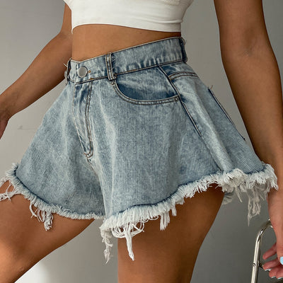 2022 New Women Denim Shorts With Holes And High Waist Loose Tassel Jeans 