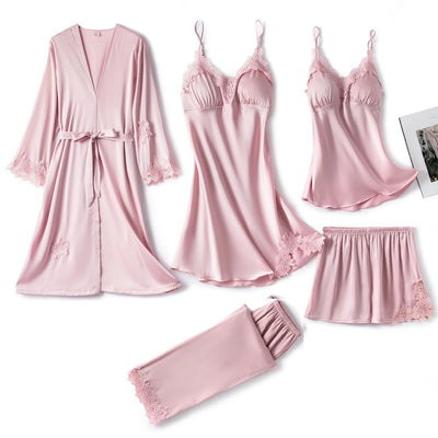 5PC Silk Robe Sleep Suit Womens Lace Satin Pajamas Gown Set V-Neck Nighties 