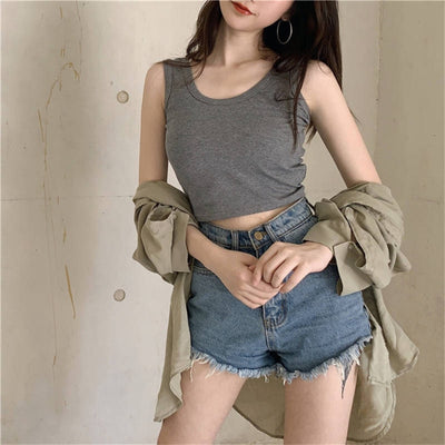 Black Knitted Round Neck Women Sexy Sleeveless Camisole Crop Top Woman 