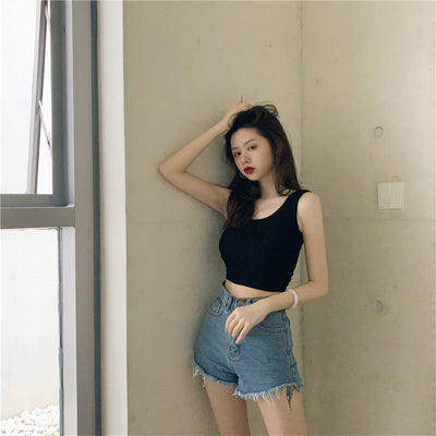 Black Knitted Round Neck Women Sexy Sleeveless Camisole Crop Top Woman 