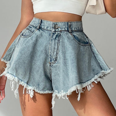 2022 New Women Denim Shorts With Holes And High Waist Loose Tassel Jeans 