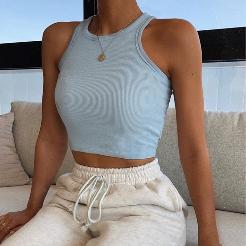 Ribbed Top Women Summer Casual Short Vest Fitness off white Crop Top 