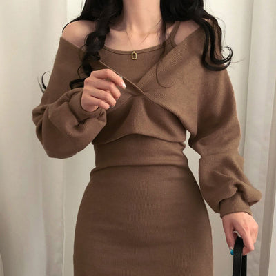 Sexy Solid Knitted Mini Dress Women Two Piece Set Skinny Dresses and Long Sleeve Knitted Cardigan Harajuku Dress Vestidos 