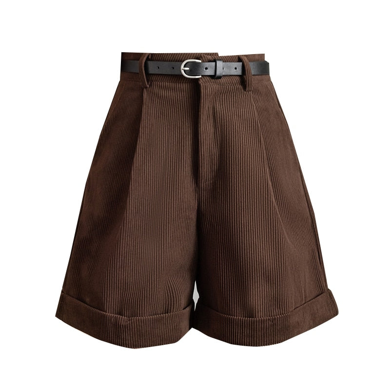 Cargo Shorts with Belted Autumn Winter High Waist Wide Leg Shorts Vintage Female Trousers 