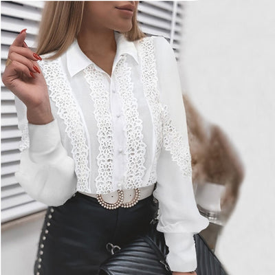 Women Sexy Lace Patchwork Hollow Out Shirt 