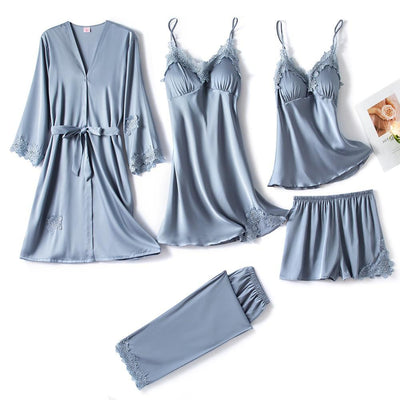 5PC Silk Robe Sleep Suit Womens Lace Satin Pajamas Gown Set V-Neck Nighties 