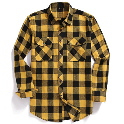 New Men Casual Plaid Flannel Shirt Long-Sleeved Chest Two Pocket Design Fashion Printed-Button (USA SIZE S M L XL 2XL)