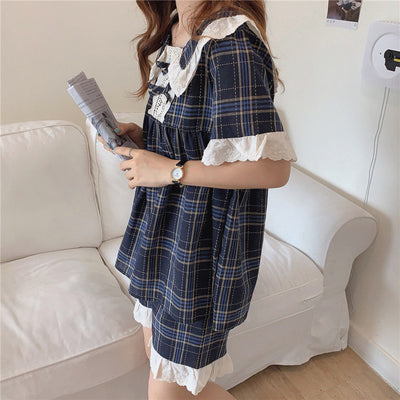 Pajama Sets Women Homewear Cotton Plaid Lace 