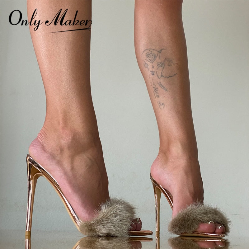 Onlymaker Peep Toe Fur High Heels 