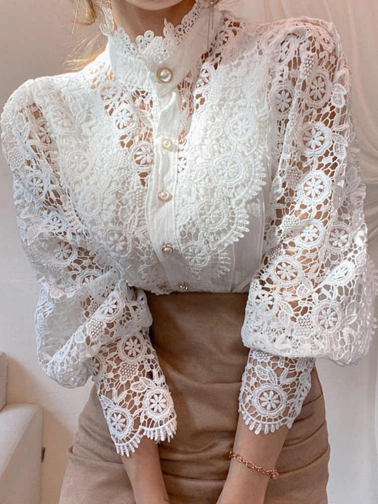 Women Sexy Lace Patchwork Hollow Out Shirt 
