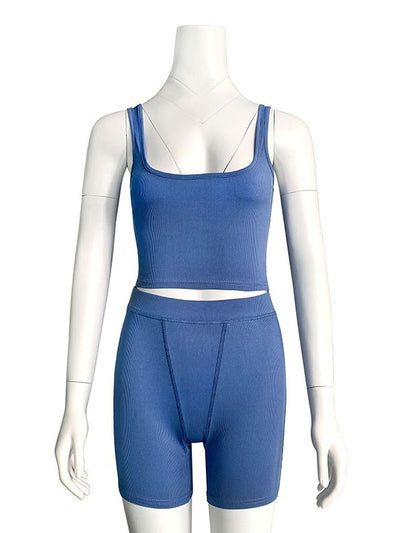 High Stretch Solid Color Yoga Set Sleeveless Crop Top +Short Gym Leggings 