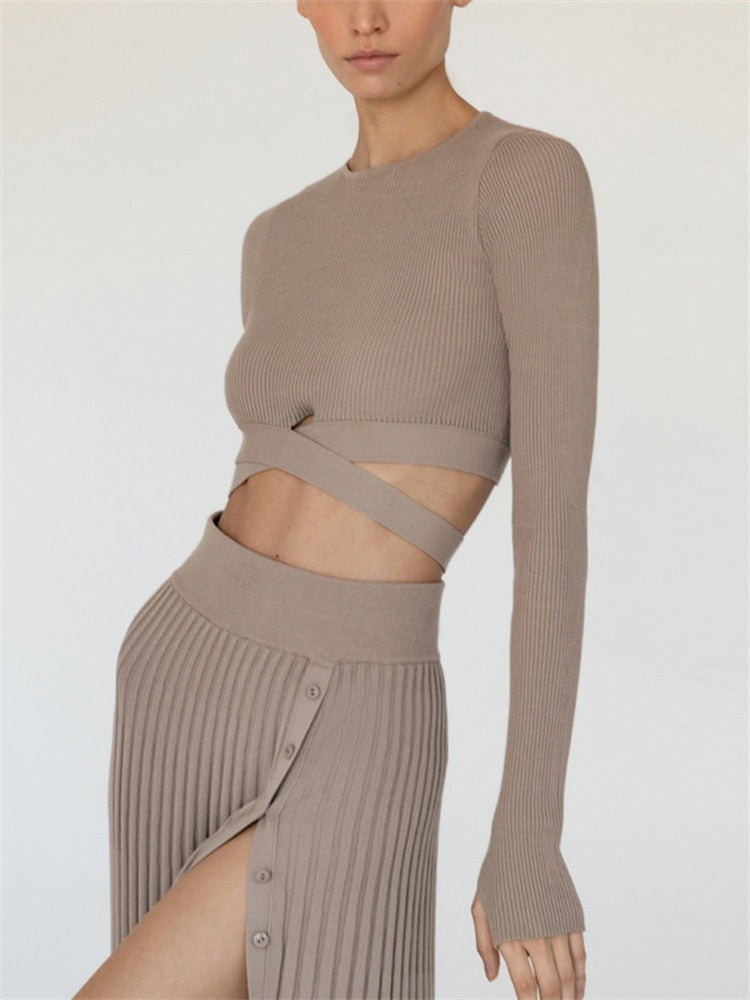Women Sets Fall Ribbed Crop Top And Pleated Knitted Skirt Suits For Women Dress