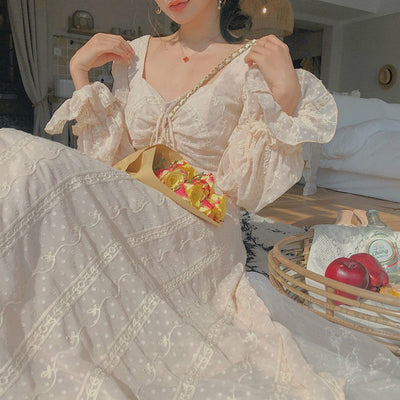 Vintage Fairy Dress Women Elegant Designer Chiffon Dress Long Sleeve 