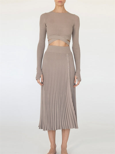 Women Sets Fall Ribbed Crop Top And Pleated Knitted Skirt Suits For Women Dress 
