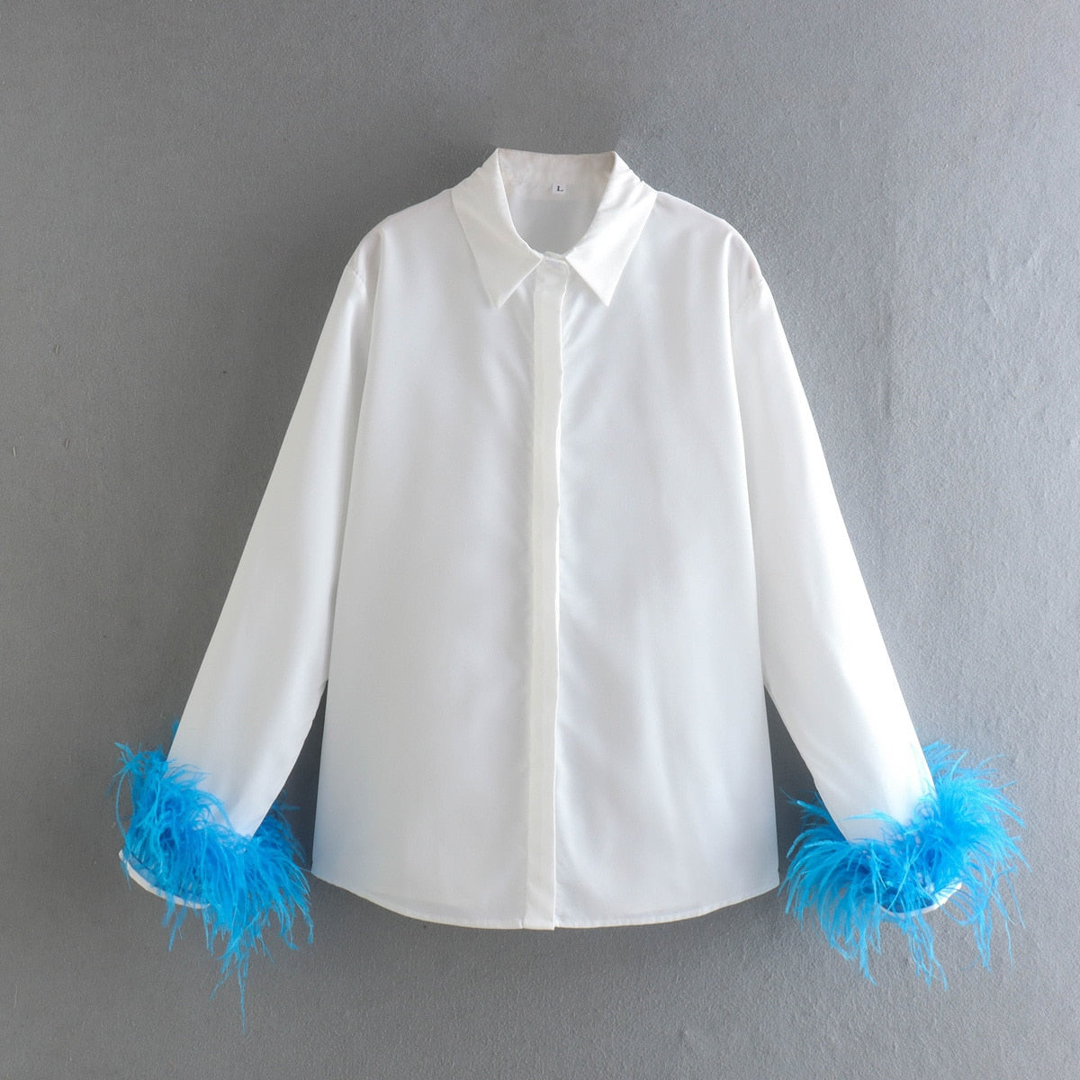 Green Feathers on the Cuffs Womens Blouses Long Sleeves 