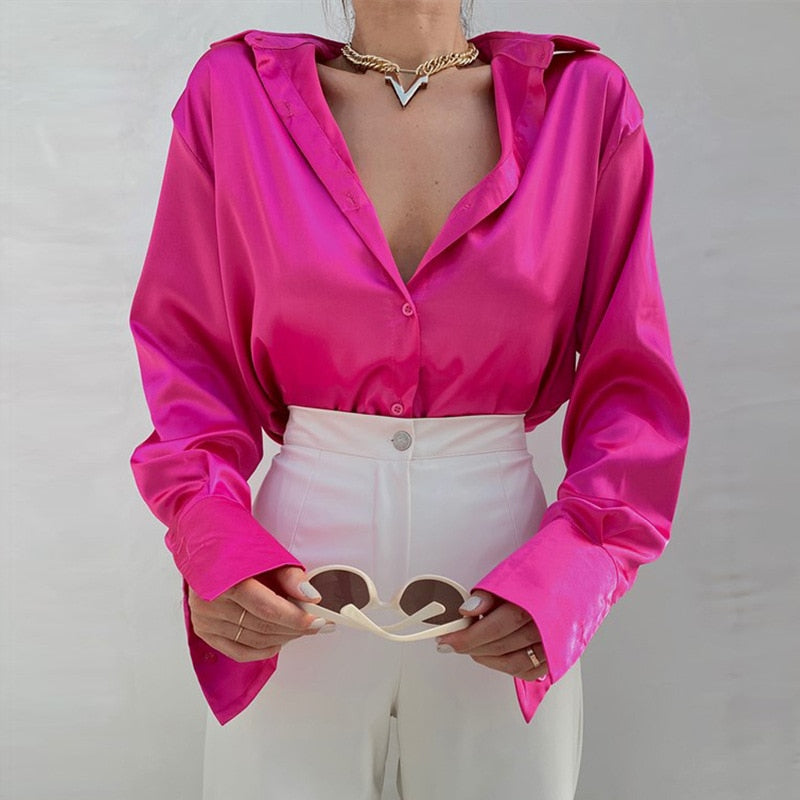 Elegant Satin Long Sleeve Women Vintage Silk Shirt