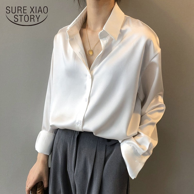 Autumn Fashion Button Up Satin Silk Shirt Vintage Blouse Women