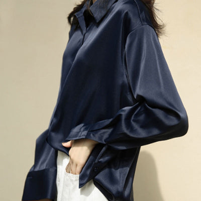 Autumn Fashion Button Up Satin Silk Shirt Vintage Blouse Women