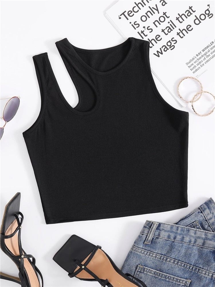 Sexy Rib-knit Tank Top for Women Summer Solid O-neck 